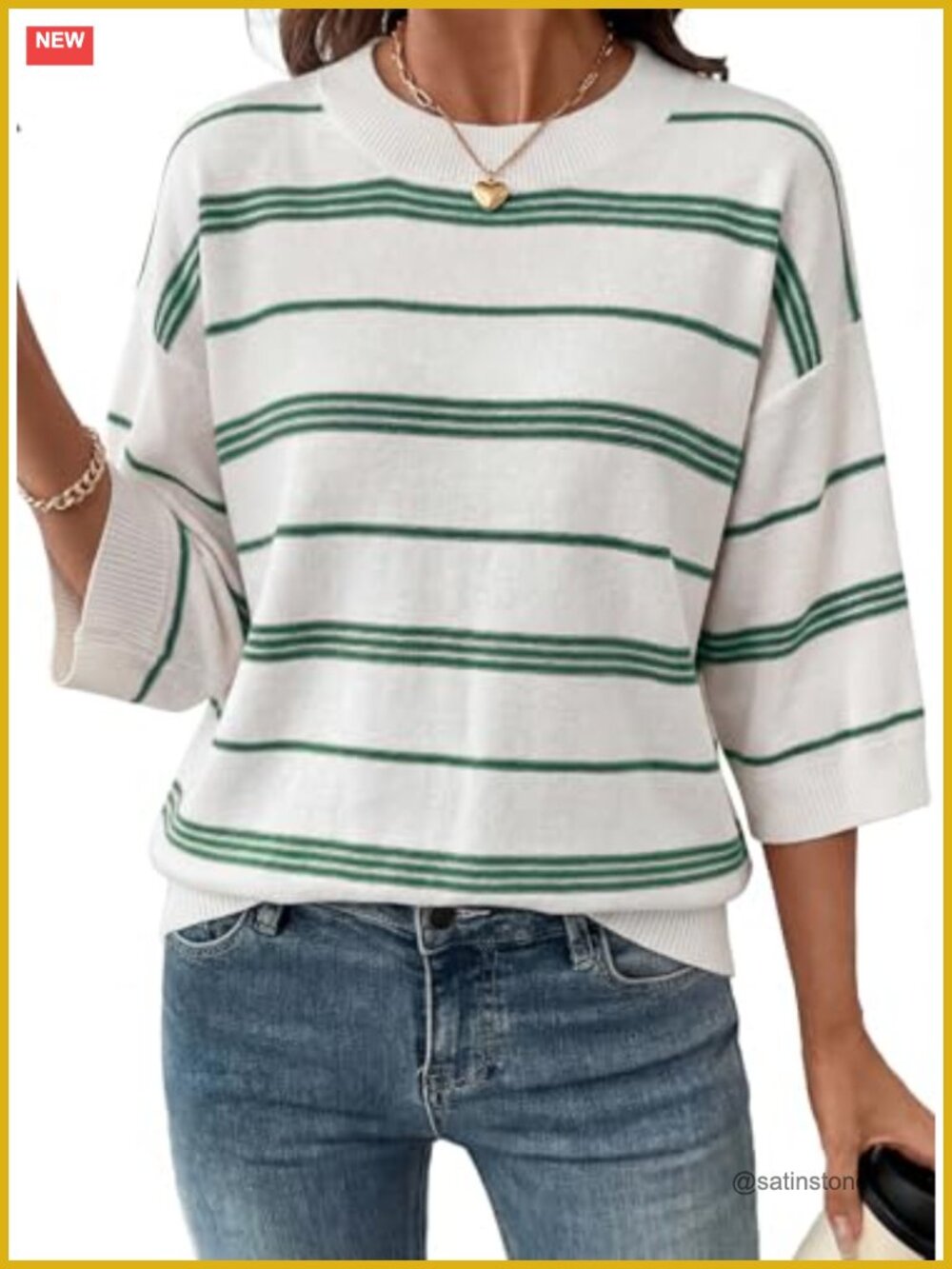 Womens Oversized 3/4 Sleeve Striped Lightweight Knit Sweater Pullover